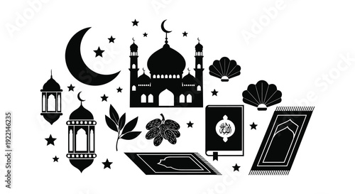 A decorative black and white illustration showcasing islamic symbols like a crescent moon mosque and prayer rug
