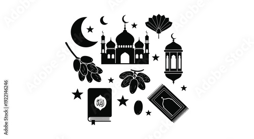 A collection of islamic symbols including a crescent moon mosque dates and holy quran high quality professional detailed
