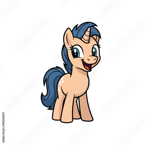 Smiling cartoon unicorn with blue mane and tail standing alone