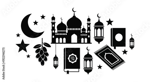 A black silhouette illustration depicts islamic religious symbols including a mosque crescent moon and quran high quality professional
