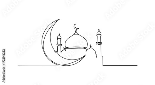 A minimalist continuous line drawing depicts an islamic mosque and crescent moon symbolizing faith and devotion high quality
