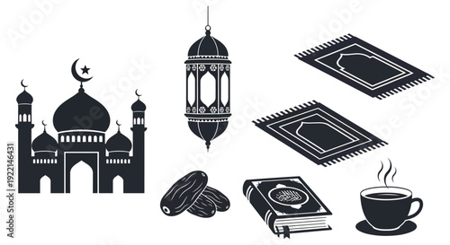 A black and white illustration depicts islamic religious symbols including a mosque lantern prayer rug and traditional items