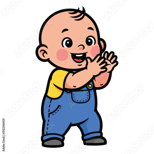 Happy baby boy in blue overalls and yellow shirt playing