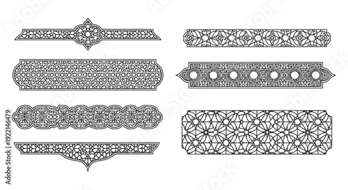 An assortment of ornate black filigree borders and decorative elements are presented on a white background high quality