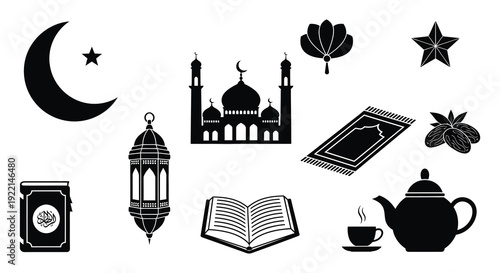 A collection of black silhouette icons representing islamic symbols including a crescent moon mosque and prayer rug