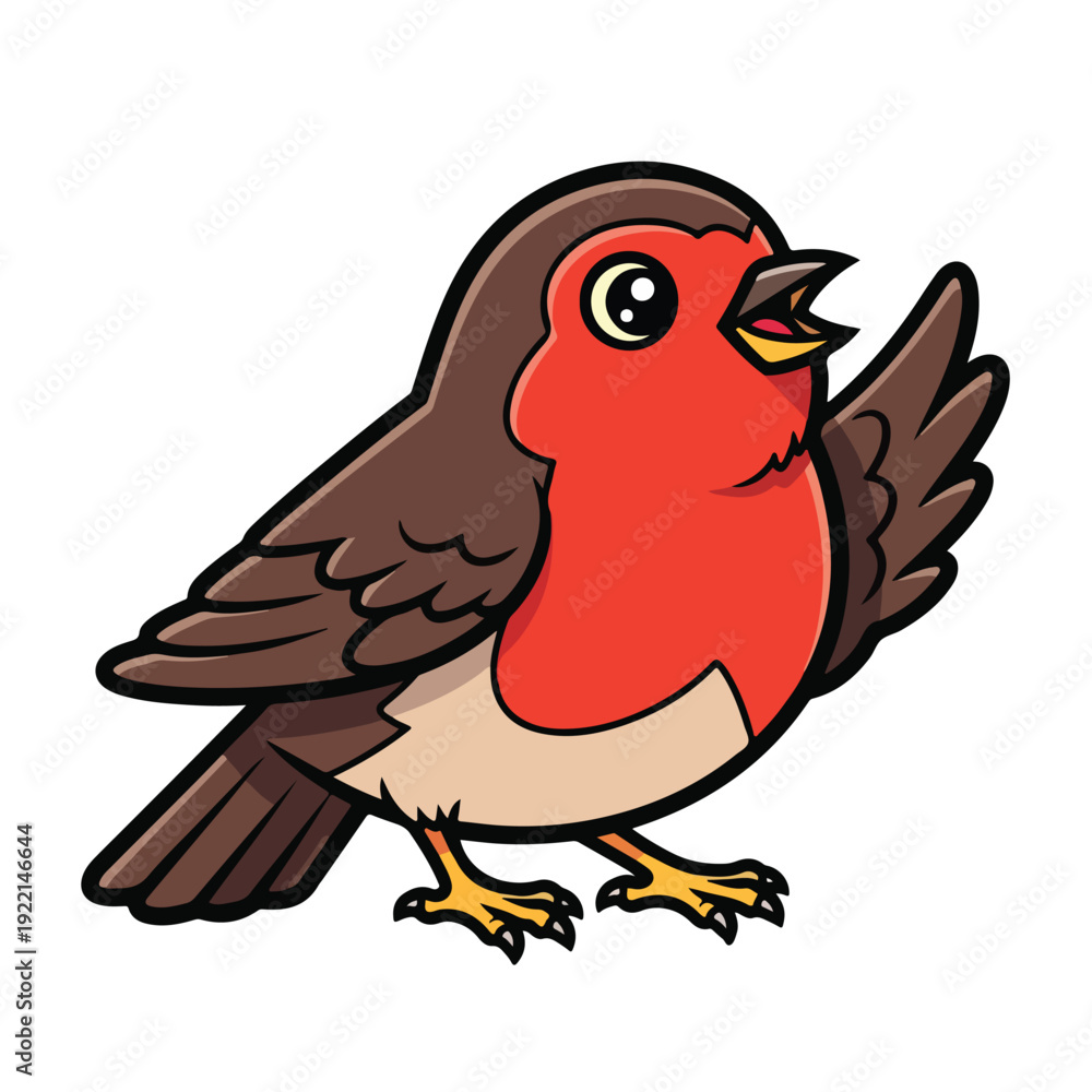 Fototapeta premium Cute cartoon robin bird with brown wings and red breast