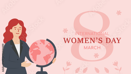 Strong woman with world model. Pastel happy women's day illustrator background. Flat design style background.