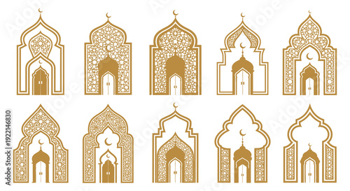 An assortment of intricately detailed islamic archways in golden hues showcasing traditional architectural designs high quality professional modern