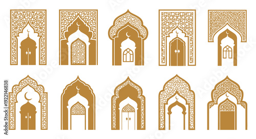 A collection of ornate golden islamic archways and window designs arranged in a grid pattern high quality professional