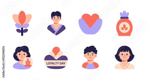 A collection of eight flat design icons representing people, flowers, and loyalty day.