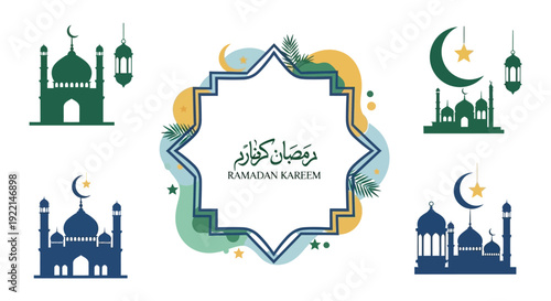 A colorful ramadan kareem illustration features mosque silhouettes crescent moons and decorative geometric elements high quality professional detailed
