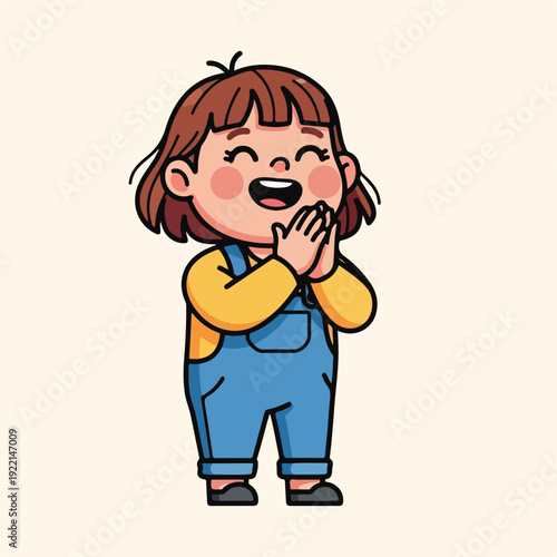 Cartoon girl with brown hair and blue overalls laughing happily