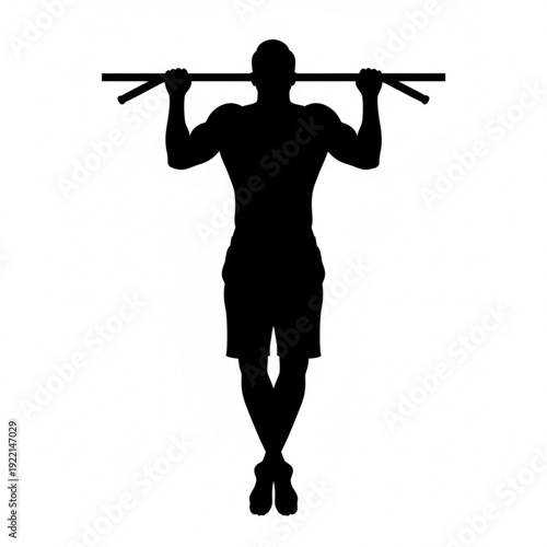 Strong Man Silhouette Doing Pull Up Exercise on Bar Isolated on White Background