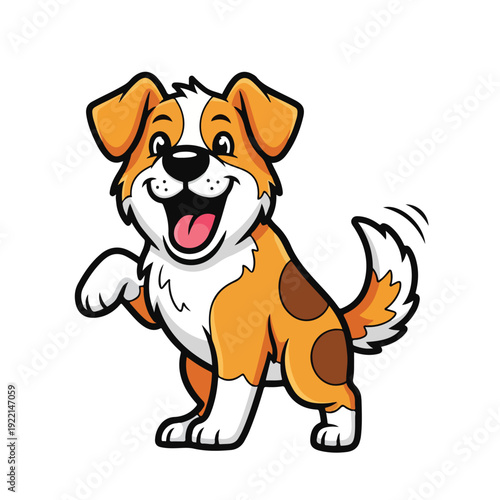 Friendly cartoon dog with brown spots standing on white background