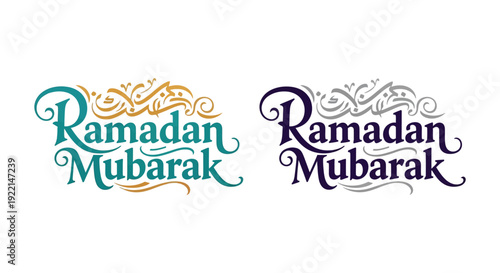 Two ornate calligraphic designs spell out Ramadan Mubarak in green and purple hues celebrating the islamic holy month