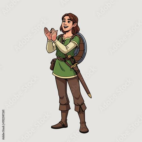 Cartoon character in green tunic and brown boots with sword