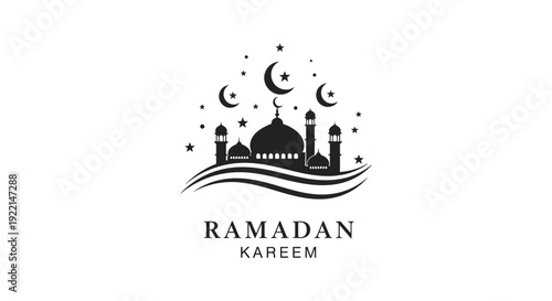 An elegant black and white graphic depicts a mosque silhouette under a crescent moon celebrating ramadan kareem