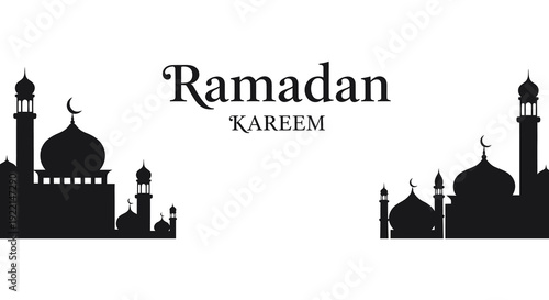 A serene ramadan kareem greeting featuring elegant mosque silhouettes and a crescent moon high quality professional detailed modern