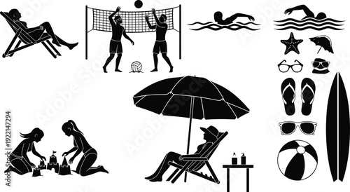 Set Of Summer Beach Recreation Silhouettes Featuring People Sunbathing Playing Volleyball Building Sandcastles Swimming And Surfing Icons For Vacation Travel Leisure Vector Illustration