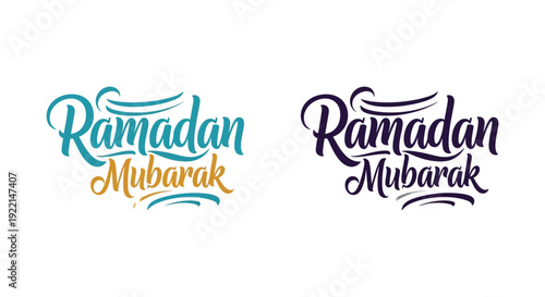 Two stylized renderings of Ramadan Mubarak in contrasting teal and purple color schemes are displayed high quality professional