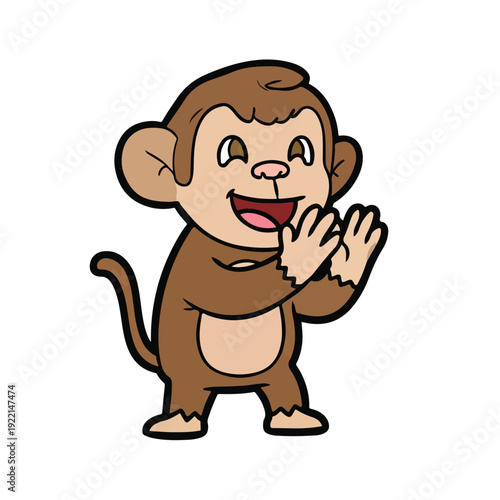 Happy monkey cartoon character with hands up in playful gesture standing alone