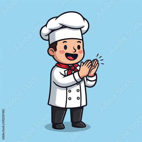 Cartoon chef in white uniform clapping hands happily standing alone