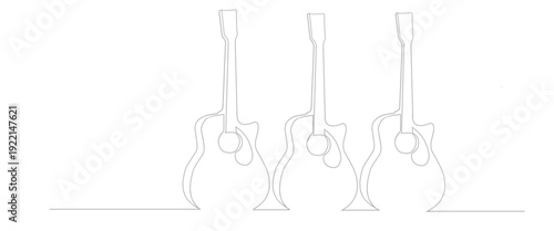 One line drawing of classic guitar with music notes tone design. Classical jazz music instrument. Vector illustration simple continuous outline style