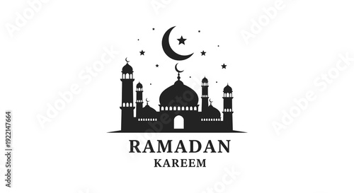 A stylized depiction showcases a crescent moon stars and a mosque silhouette with the text ramadan kareem