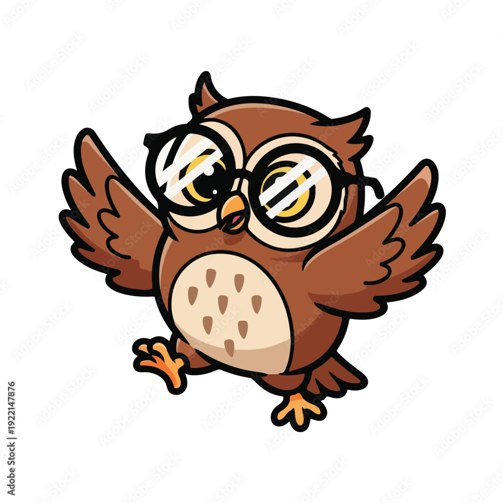 Obraz premium Brown cartoon owl character wearing glasses and open wings