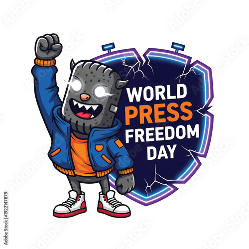 World Press Freedom Day mascot character with shield