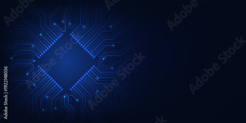Futuristic digital AI quantum chip on a circuit board tech background. Circuit board components. High-tech circuit board connection system. Microchip, processor chip. Vector illustration.