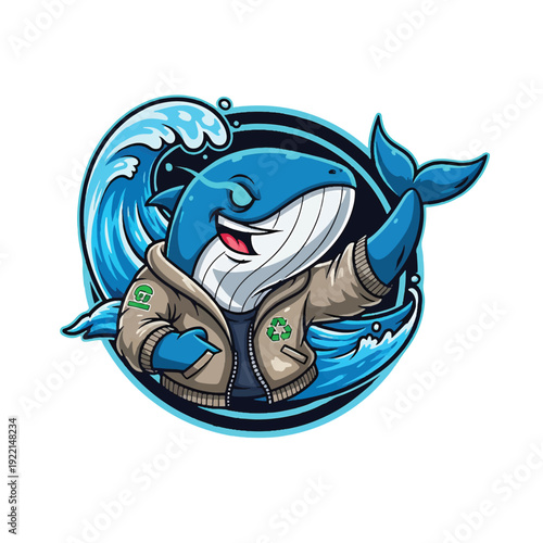 Cartoon blue shark mascot wearing eco jacket with recycle symbols