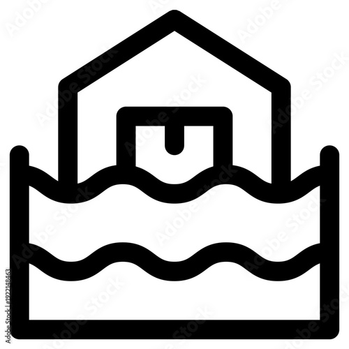 Vector illustration depicting a residential building partially underwater due to heavy rain or flood. A clear symbol of natural disaster and property damage.