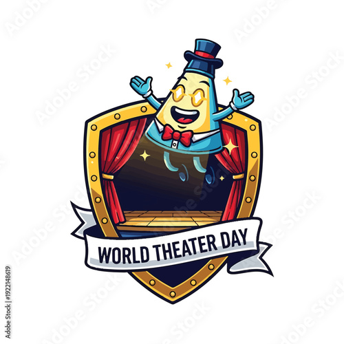 World Theater Day Mascot stage performer on shield banner