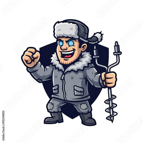 Snowy pilot mascot with ice auger for outdoor winter sports