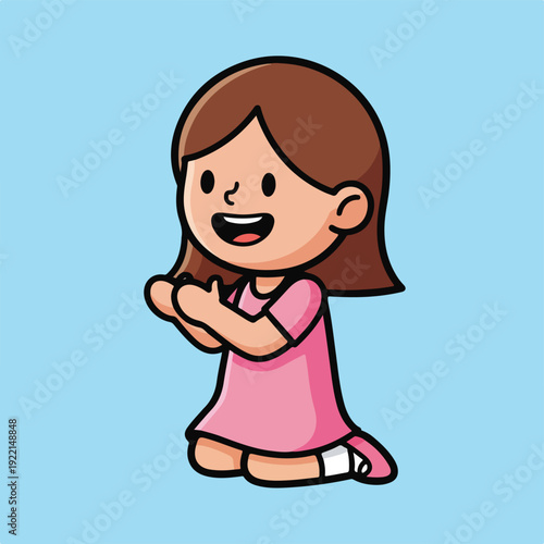 Cartoon girl with bandaged knee on knees smiling