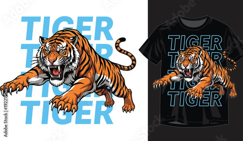 Aggressive Tiger Mascot T Shirt Design Vector Illustration with Jumping Wild Animal Graphic Print