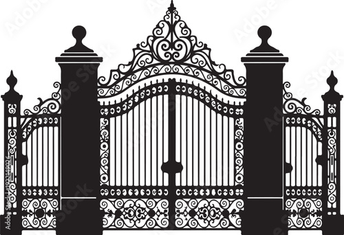 Ornate iron gate, wrought iron fence, black metal gate, decorative entrance