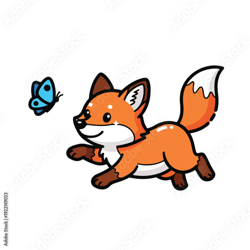 Cartoon fox running after blue butterfly in air
