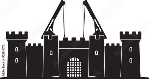 Black castle, medieval fortress, silhouette illustration, vector icon