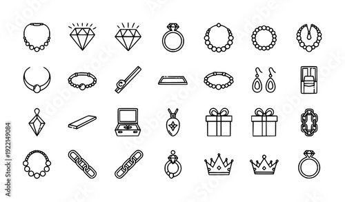 Editable Stroke Jewelry Line Icons Set with Rings, Necklaces, Gemstones and Gifts