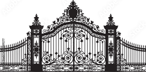 Ornate iron gate, wrought iron fence, black metal gate, decorative entrance