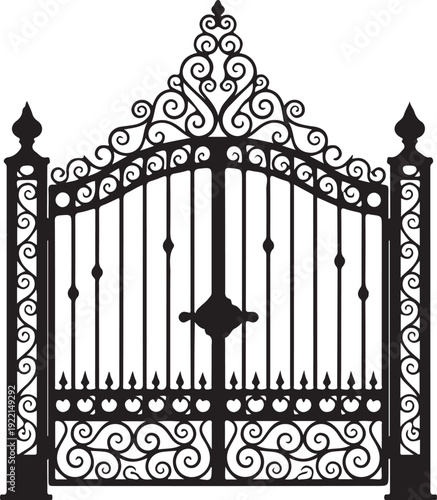 Ornate iron gate, wrought iron fence, decorative metal gate, black vector gate