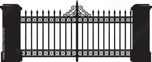 Black metal gate, wrought iron fence, decorative entrance, ornate design