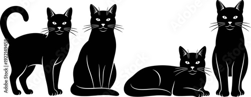 Black cat silhouettes set, domestic feline pet collection, sitting standing lying kitten isolated vector illustration for animal design elements pack
