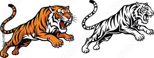Jumping Tiger Mascot Vector Illustration Set with Colored and Monochrome Wild Animal Designs