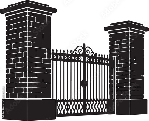 Black iron gate, wrought iron fence, brick pillars, decorative entrance