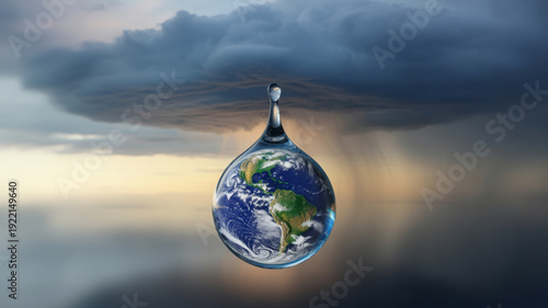 Earth suspended in a water drop under a stormy sky with dark clouds and sunset