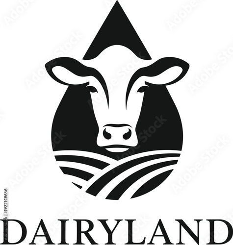 Modern Dairy Farm Logo Vector Design with Cow Head Silhouette and Agricultural Field Emblem