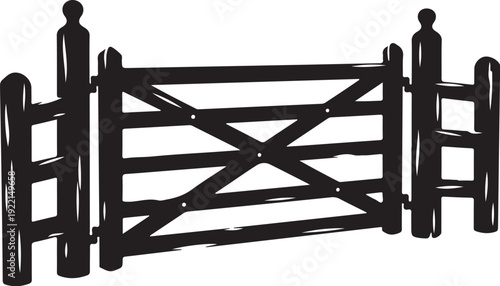 Black wooden gate, rustic fence, farm entrance, rural barrier, vector illustration
